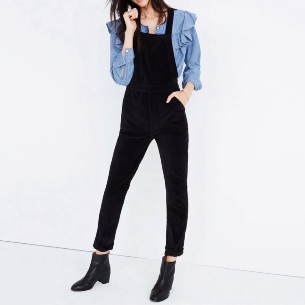 Madewell Stretch Velvet Overall Cross Strap Back Skinny Pant True Black Medium